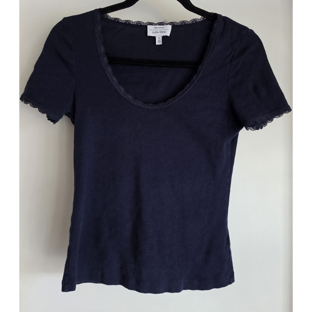 & Other Stories Women S Navy Blue Cotton Scoop Neck T-Shirt Tee Top Classic